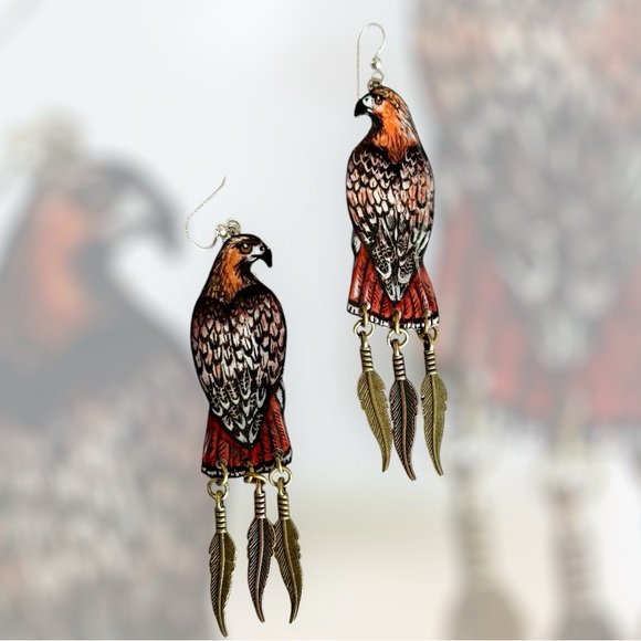 Handpainted red tail hawks earrings w base bronze metal feather charms OOAK - Picture 1 of 4